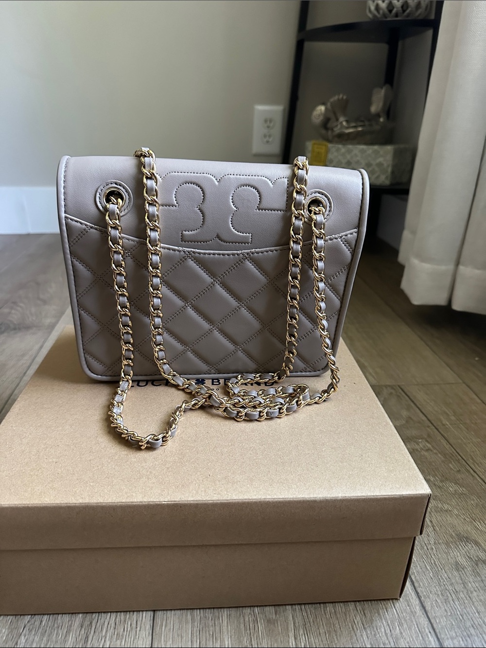 Tory Burch Fleming-Quilted Shoulder Bag in Light Taupe with Gold Hardware